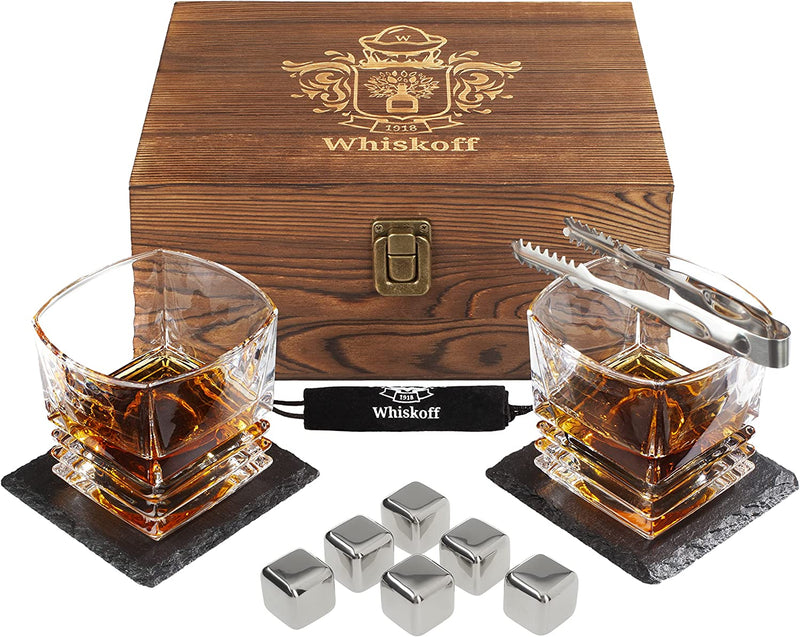 Whiskey Glass Set of 2 - Bourbon Stones Gift For Men Includes Crystal Whisky Rocks Glasses , Chilling Stones , Slate Coasters Scotch Glasses in Wooden Box Wisky Burbon Retirement Gifts