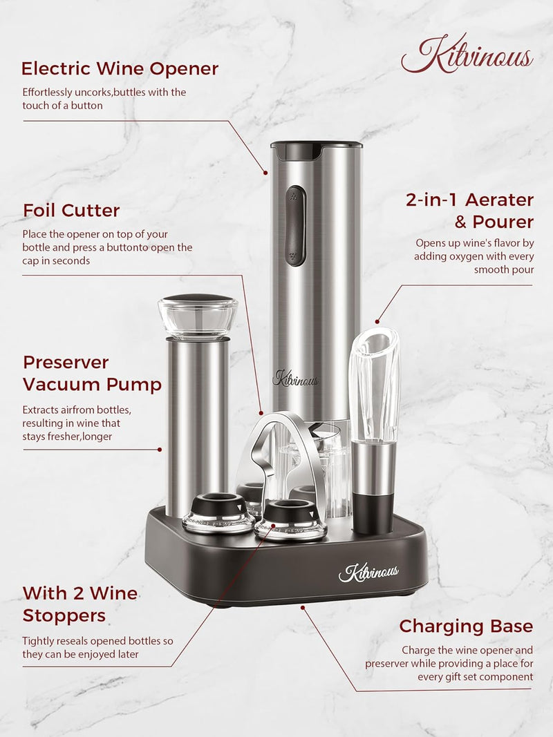 KITVINOUS Electric Wine Opener Set with Charging Base, Automatic Wine Bottle Opener with Led Light, Durable Corkscrew with Wine Aerator & Preserver Vacuum Pump with 2 Stoppers, Foil Cutter, Silver