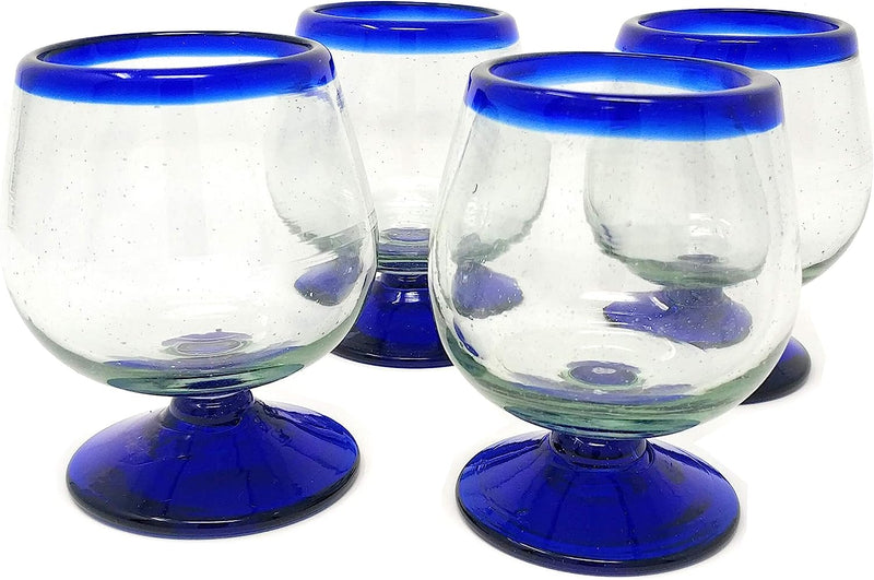 Mexican Hand Blown Glass – Set of 4 Hand Blown Cognac Snifter Glasses - Cobalt Blue Rim