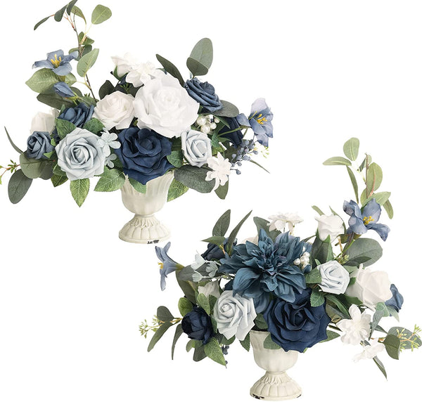 Wedding Centerpiece Flower with Vase for Ceremony/Reception Tabletop Mantel Archway Aisle, Set of 2|Dusty Blue & Navy
