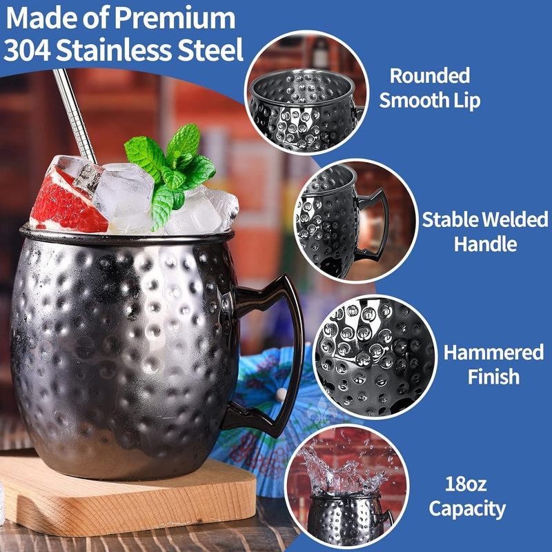 Moscow Mule Mugs- Set of 6 Gunmetal Black Plated 18oz Stainless Steel Mug Double Jigger Chilled Drink Cocktail Mug (6pcs)