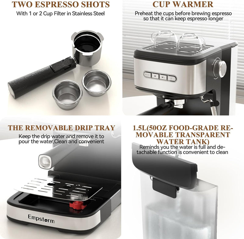 20 Bar Espresso Machine,Espresso Espresso Coffee Maker with Milk Frother Steam Wand,Semi-Automatic Espresso Machine for Home&Barista, Automatic Shut-off Function (Espresso Machine)