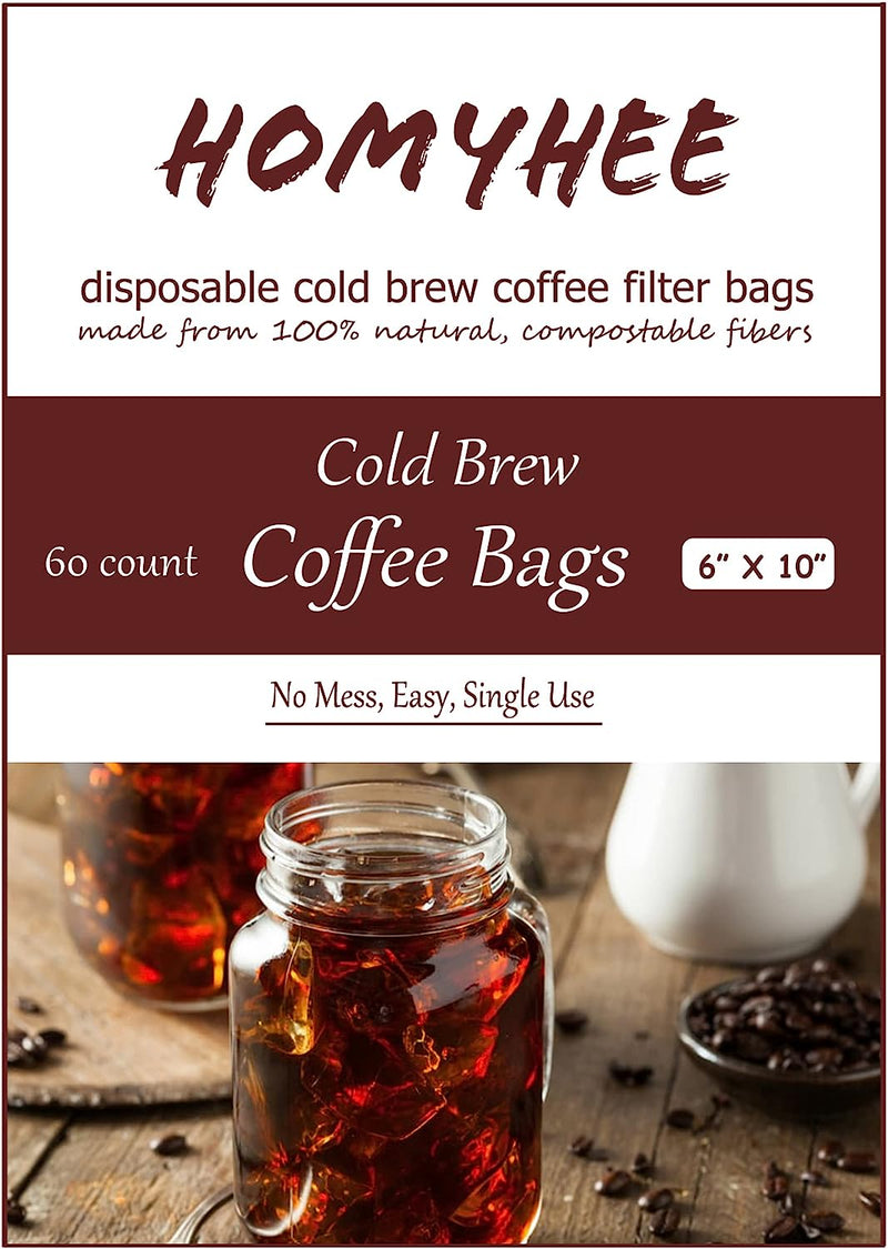 Cold Brew Coffee Bags 60 Count Disposable Fine Mesh Brewing Bags for Concentrate/Iced Coffee Maker, French/Cold Press Kit, Hot Tea in Mason Jar or Pitcher, 6 x 10 Inches