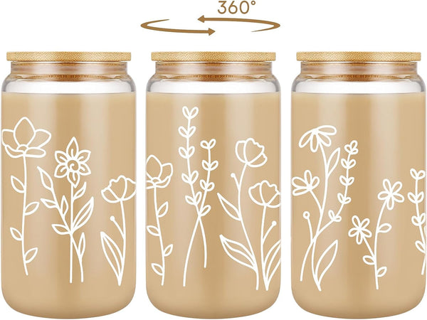 Coolife Floral Iced Coffee Cup, 16oz Drinking Glass Cups w/Lids Straws, Aesthetic Cups, Coffee Glass Tumbler, Flower Beer Glass Cups - Christmas, Birthday Aesthetic Gifts for Women Mom Her