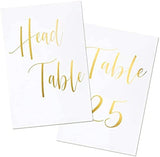 UNIQOOO Gold Foil Table Numbers for Wedding | 4X6 Double Sided Number 1-25 & Head Table Card, Calligraphy Design | Ideal Table Sign for Banquet Dinner Party | Pack of 26