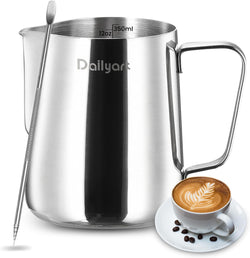 Milk Frothing Pitcher, Dailyart 12oz/350ML Milk Frother Cup 304 Stainless Steel Espresso Milk Steaming Pitcher with Art Pen, Espresso Machine Accessories Milk Pitcher for Cappuccino, Latte Art