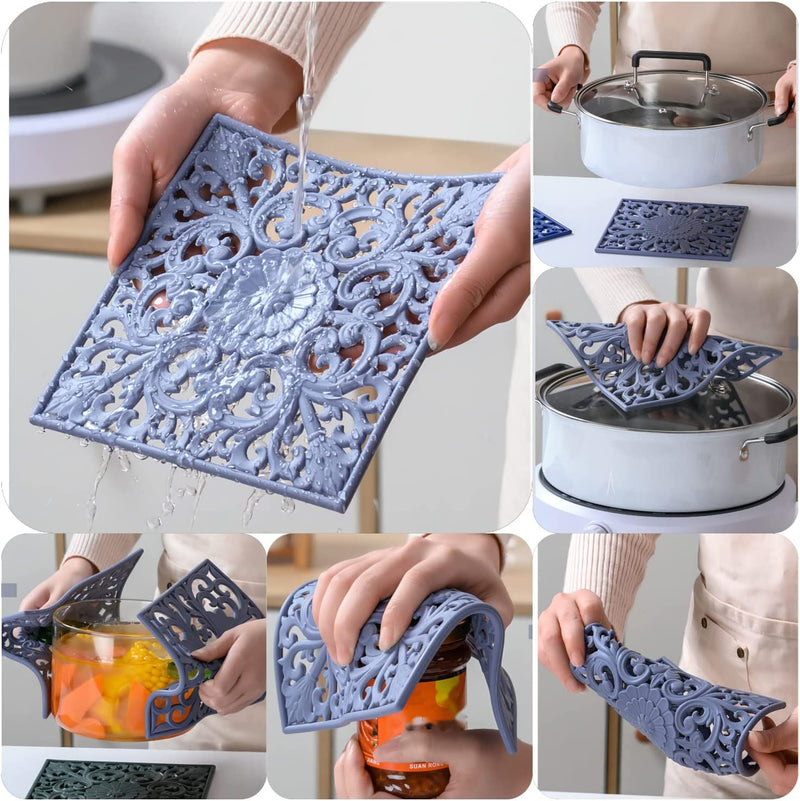 Silicone Trivets Mats-Trivets for Hot Dishes, Table, Countertop, Non-Slip Heat Resistant Modern Kitchen Trivets,Teapot Trivet - Flexible Trivet Square, Hot Pads for Pots & Pans of 3 Blue