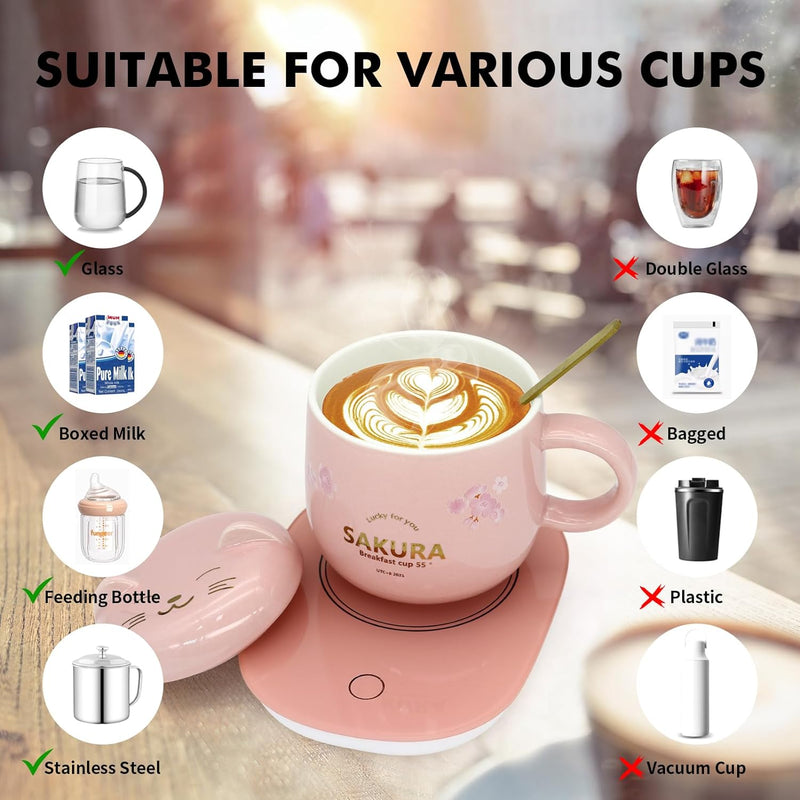 LIZHIGU Coffee Warmer with Mug - Cute Coffee Cups Cat Mug Cup Warmer Mug Warmer for Desk Coffee Cup for Women Smart Coffee Mug Warmer Coffee Mug Warmer is The Gift with Gift Box Pink