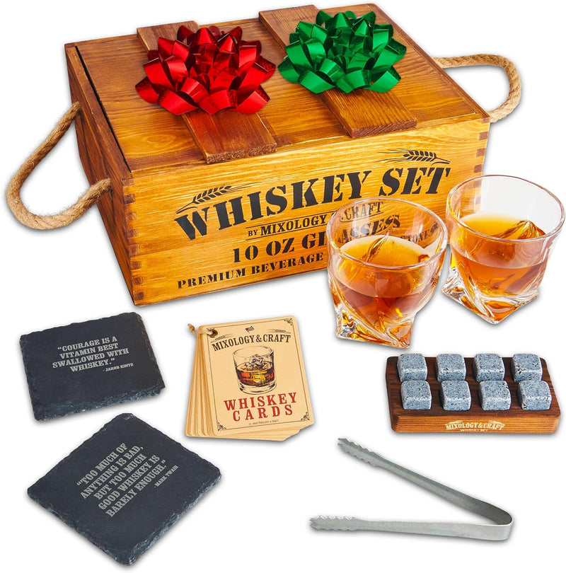 Mixology & Craft Whiskey Stones Gift Set for Men - 2 Glasses, 8 Chilling Rocks & Wooden Box - Whiskey Glass Gift Sets - Jameson Dark Brown