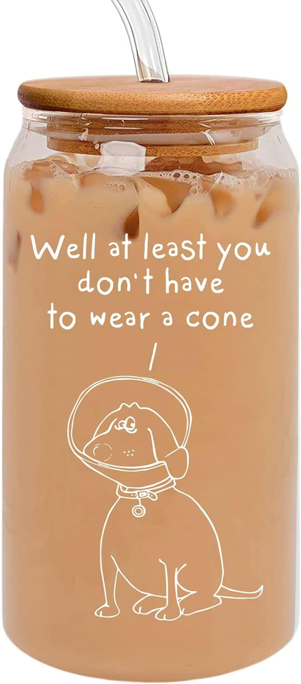 Break Up, Divorce Gifts For Women - Get Well Gifts For Women After Surgery, Feel Better Gifts - 16 Oz Coffee Iced Glass Cup With Bamboo Lid And Straws - At Least You Dont Have To Wear A Cone Can Glass