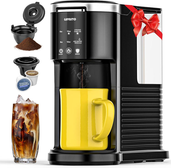 GAVASTO Hot and Iced Coffee Maker for K Cup and Ground Coffee, 5-6 Cups Coffee Maker and Single-serve Brewers with 40oz Large Water Reservoir, Strong Brew Mode, Descale Reminder and Self Cleaning