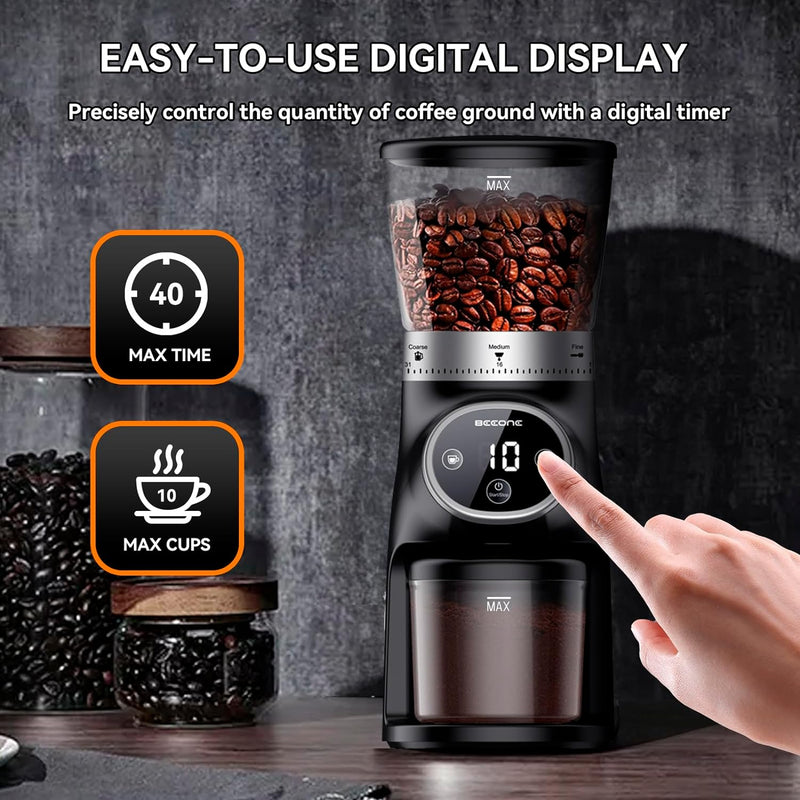 BEEONE Conical Burr Coffee Grinder with Digital Control, Espresso Grinder with 31 Precise Settings for 1-10 Cups, Coffee Grinder Electric with Time Display and Countdown Display, Black