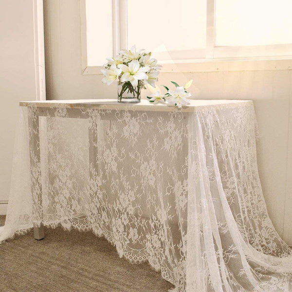 White Lace Tablecloth with Embroidered Overlay - Rustic Wedding Reception Decor
