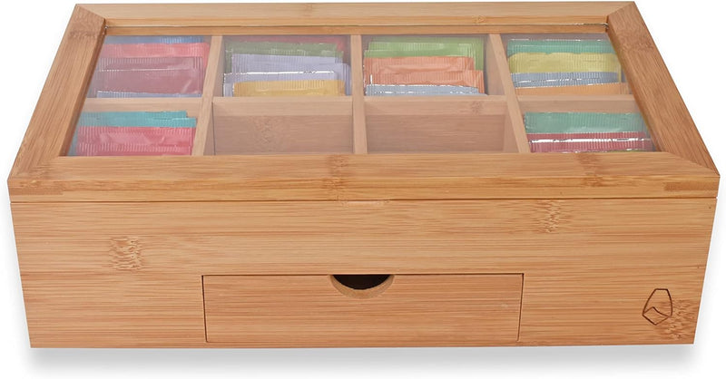 JAIG Products Tea Box - Bag Storage Holder Organizer - Bamboo Wood Chest Container - Has 8 Compartments -Comes with Drawer - Complete with Bamboo Spoon