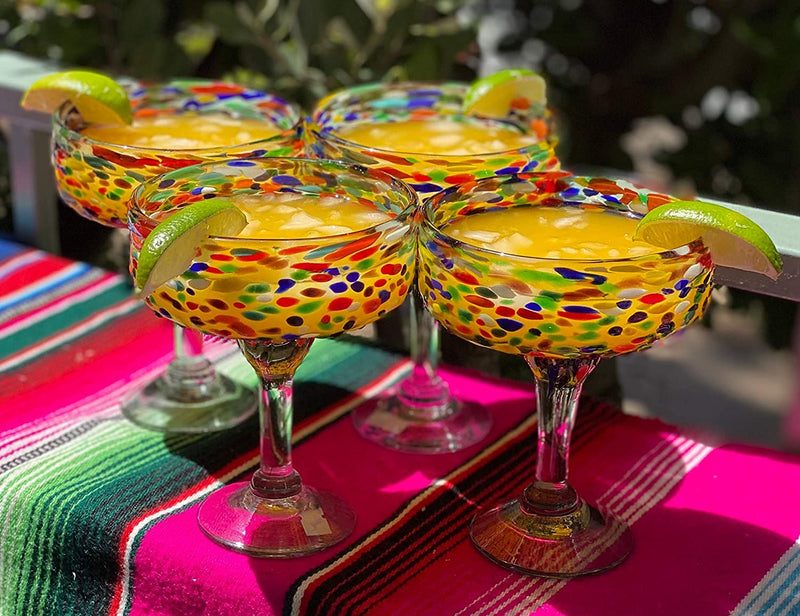 Dos Sueños Mexican Hand Blown Glass – Set of 4 Hand Blown Margarita Glasses Confetti Rock (16 oz) …