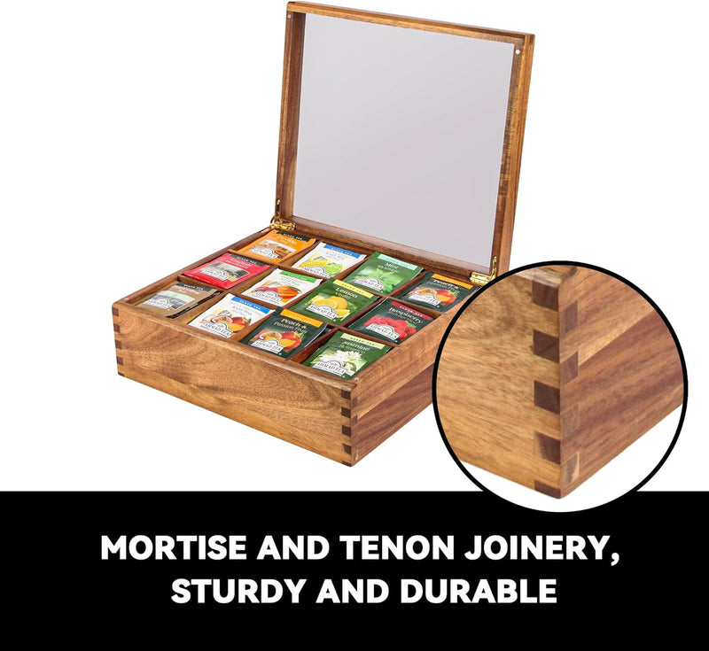 KITEISCAT Acacia Wood Tea Bag Organizer: 12-Compartment Multi-Functional Tea Box and Storage Organizer for Tea Bags