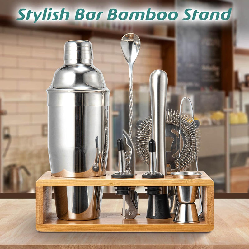 Cocktail Shaker Set, Mixology Bartender Kit 10-Piece Bar Tool Set with Stylish Bamboo Stand, Bar kit: Matini Shaker Mixing Spoon Muddler Jigger Cocksrew for Barware Set