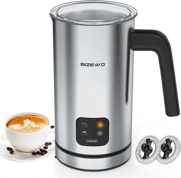 Milk Frother Electric, Coffee Frother, Warm and Cold Milk Foamer, BIZEWO 4 IN 1 Automatic Milk Warmer Stainless Steel with Touch Screen, for Coffee, Latte, Hot Chocolate