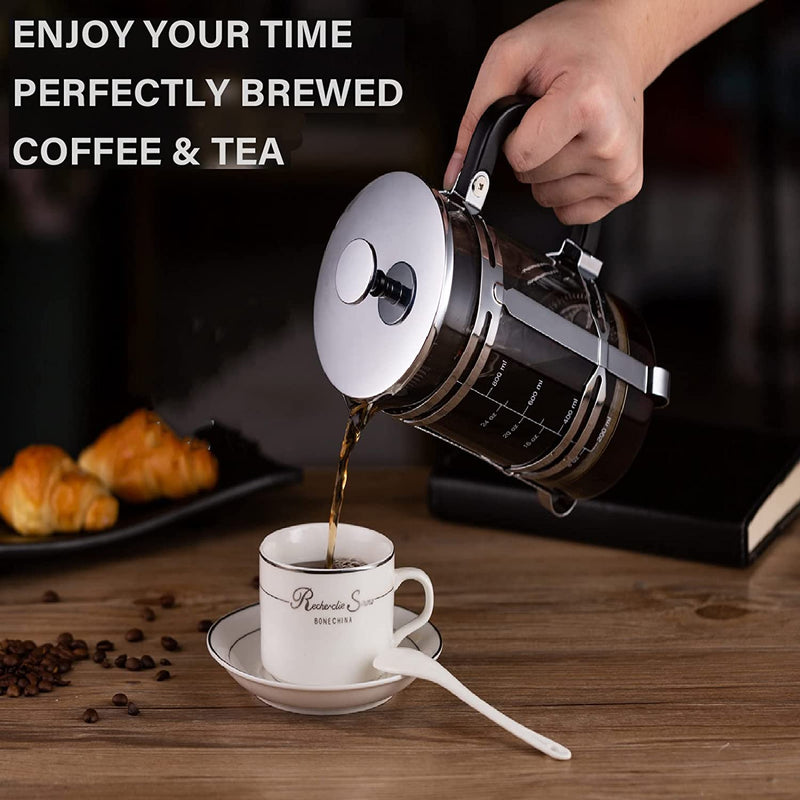 French Press Coffee Maker (34 oz) with 4 Filters - 304 Durable Stainless Steel,Heat Resistant Borosilicate Glass Coffee Press,BPA Free,Silver（include 1 cleaning brush,1spoon and 2 spare filter screen）