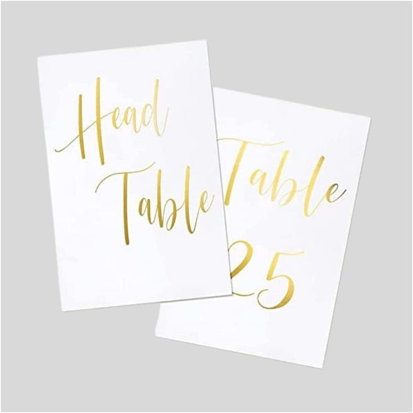 UNIQOOO Gold Foil Table Numbers for Wedding | 4X6 Double Sided Number 1-25 & Head Table Card, Calligraphy Design | Ideal Table Sign for Banquet Dinner Party | Pack of 26