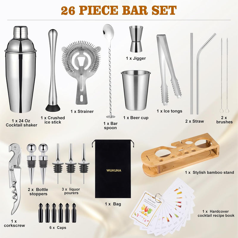 Cocktail Shaker Set Bartender Kit 26-Piece Stainless Steel Bar Tool Set with Bamboo Stand,Home Cocktail Tool with All Bar Accessories (Silver)