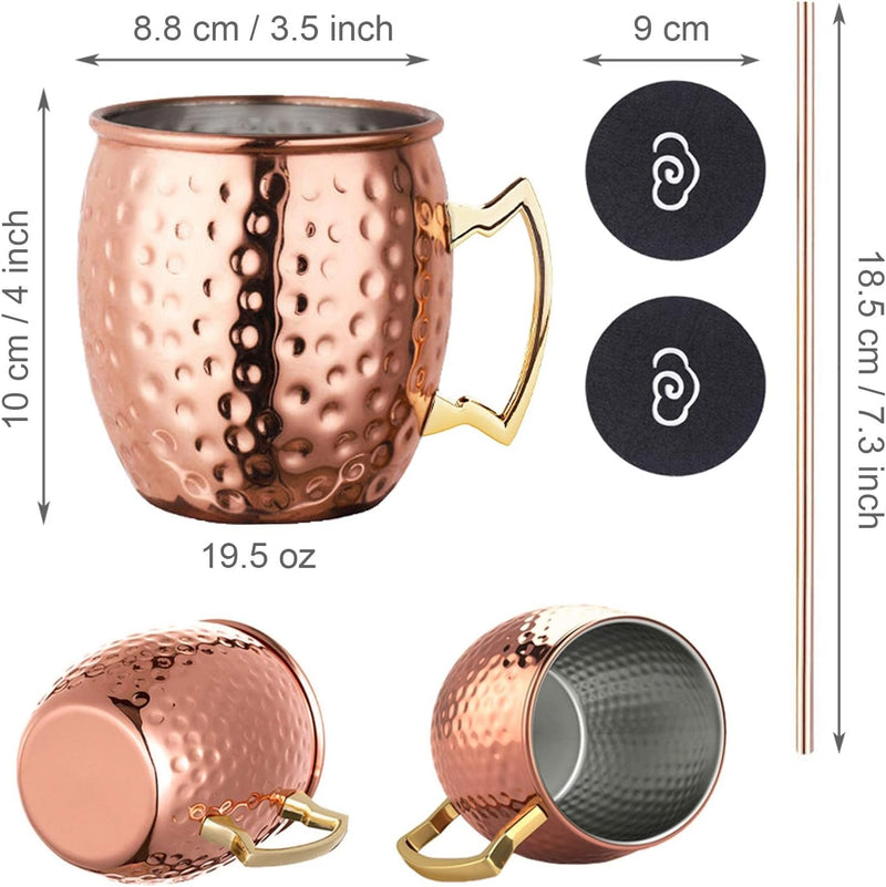 LIVEHITOP Moscow Mule Copper Mugs Set of 2, Copper Cups 19.5 Oz Cocktail Kit with Straw Coaster for Wine, Beer, Cold Drink, Bar, Party, Gifts