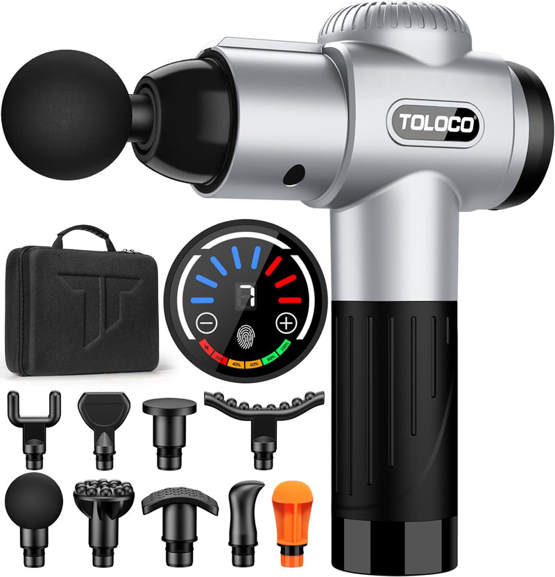 TOLOCO Massage Gun Deep Tissue, Back Massage Gun for Athletes for Pain Relief, Percussion Massager with 10 Massages Heads & Silent Brushless Motor, Valentines Day Gifts for Him/Her, Black