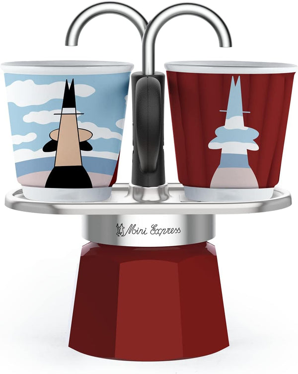 Bialetti - Mini Express Magritte: Moka Set includes Coffee Maker 2-Cup (2.8 Oz) + 2 shot glasses, Red, Aluminium