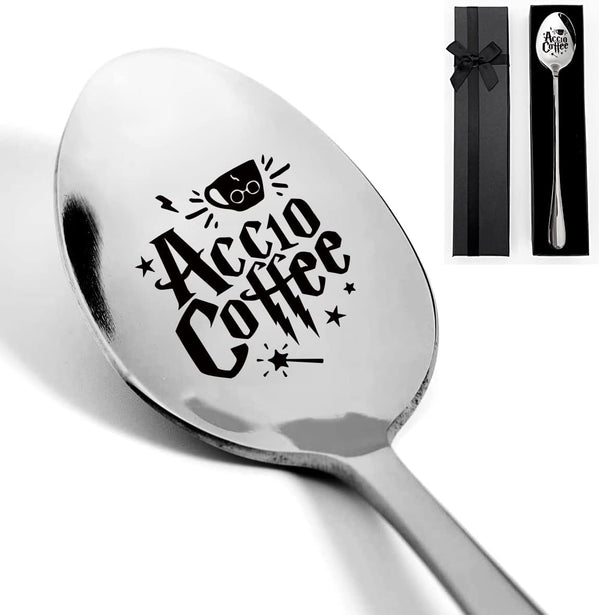 XIKAINUO Magical Accio Coffee Spoon for Muggles and Wizards Alike Perfect for Harry Potter Fans and Coffee Lovers - Laser-Engraved Stainless Steel Spoon - Unique Gift Idea and Collectible