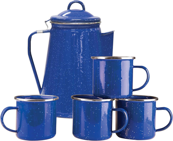 Stansport Enamel Percolator Coffee Pot & 4 Mug Set (11230),Blue