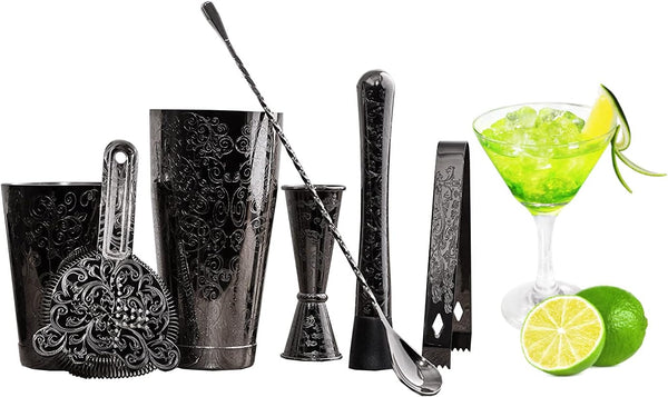 SKY FISH Bartender Kit Cocktail Shaker Set-7 Pieces Stainless Steel Black Plated Etching Bar Tools with Boston Shaker Tins,Mixing Spoon,Mojito Muddler,Japanese Double Jigger,Hawthorne Strainer