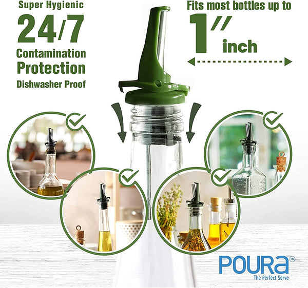 AIRTIGHT Olive Oil Pour Spout for Olive Oil Dispenser - UK Patented Oil Pourer - Hygienic One Handed Open Close Mechanism Keeps Oil Fresh. Dust Caps Cover | Screens Alternative - Green 2 PCs