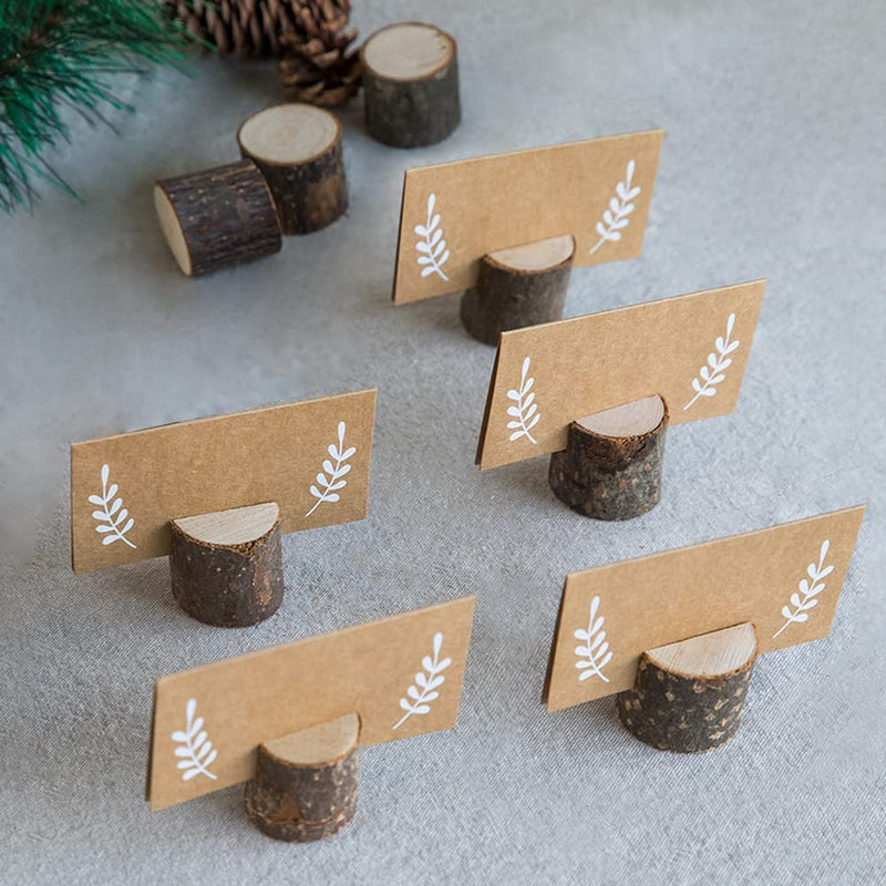 Wettin 24Pcs Rustic Wooden Place Card Holders and 30Pcs Kraft Table Name Place Cards, Wood Table Number Holders, Wood Photo Holders, Name Card Photo Picture Clips for Thanksgiving Dinner Party.
