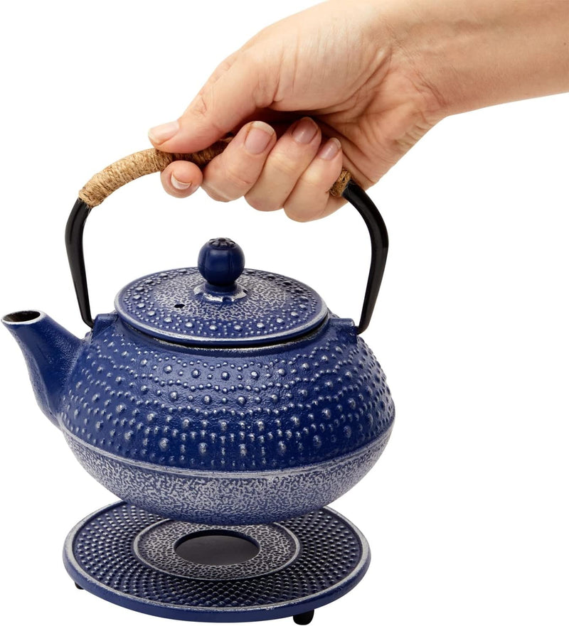 Cast Iron Teapot with Infuser - Japanese Tea Kettle, Loose Leaf Tetsubin with Handle and Trivet (Blue, 3 Pcs, holds 27 oz, 800 ml)