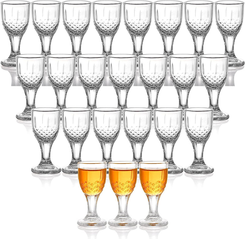 Coloch 24 Pack 0.5 Oz Clear Shot Glasses with Stem, Carved Mini Goblet Liquor Glasses Heavy Base Crystal Tasting Glasses Cordial Glasses for Tequila, Vodka, Cocktail, Sherry, Bar, Restaurant