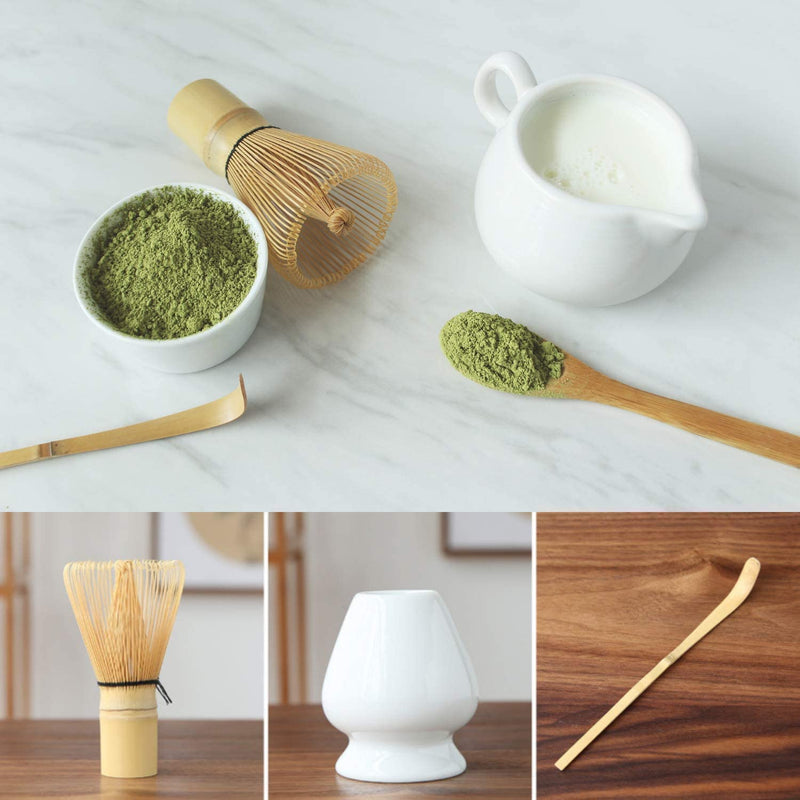 KAISHANE Bamboo Matcha Tea Whisk Set of 5 Including 100 Prong Matcha Whisk, Whisk Holder,Traditional Scoop,Tea sifter,and Ceramic Matcha Bowls