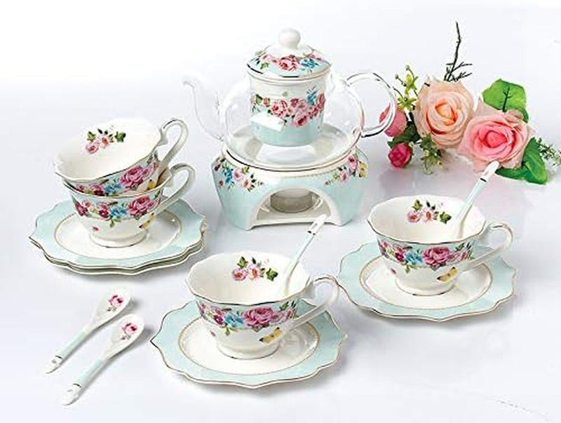 Jusalpha Fine China Flower Series Tea Set-Teacup Saucer Spoon Set with Teapot Warmer & Filter, 16 pcs in 1 set (FDMM Glass pot set 04)