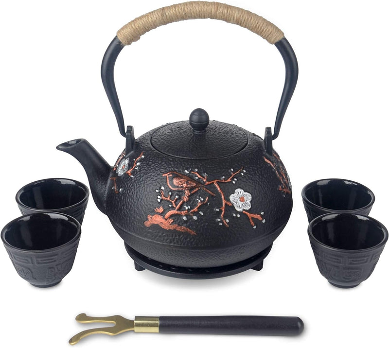 6-piece Japanese Cast Iron Pot Tea Set Black w/Trivet (40 oz)