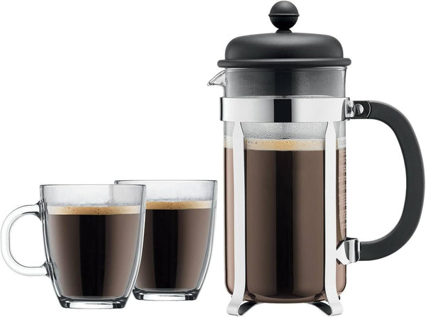 Bodum Caffettiera French Press Coffee Maker, 8 Cup, 1 Liter, 34oz with 2 Glass Mugs, 0.35 Liter, 12oz