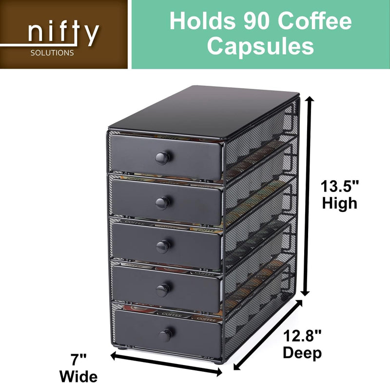 Nifty Coffee Pod Drawer – Black Satin Finish, Compatible with K-Cups, 90 Pod Pack Capacity Rack, 5-Tier Holder, XXL Storage, Stylish Home or Office Kitchen Counter Organizer