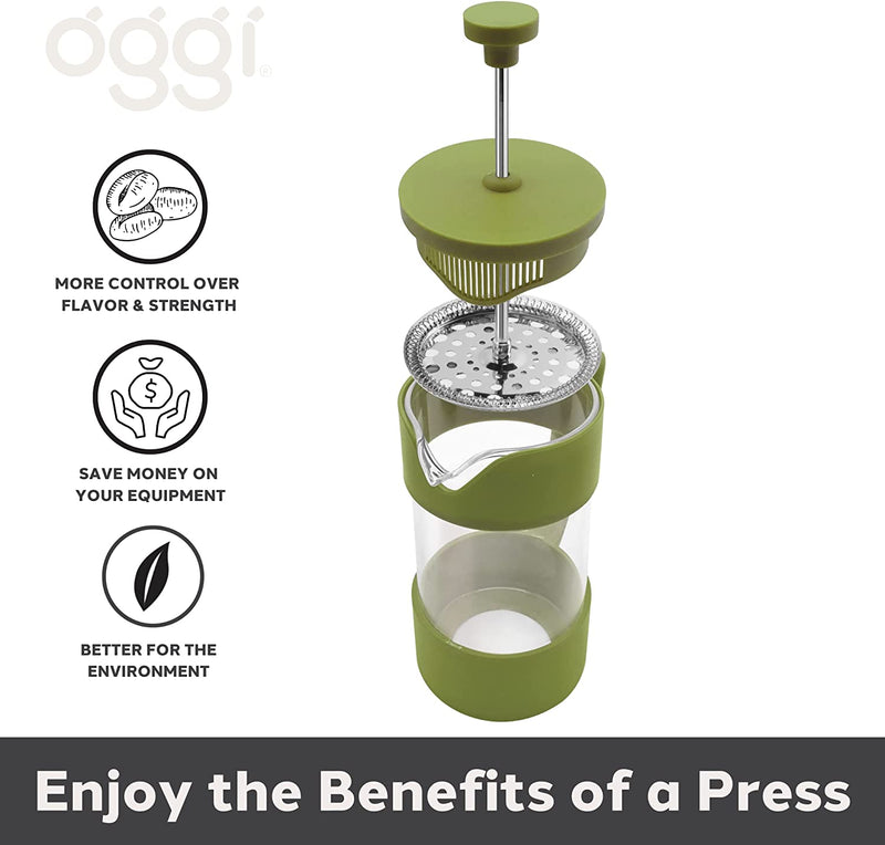 Oggi French Press Coffee Maker (12oz)- Borosilicate Glass, Coffee Press, Single Cup French Press, 3 cup Capacity, Olive