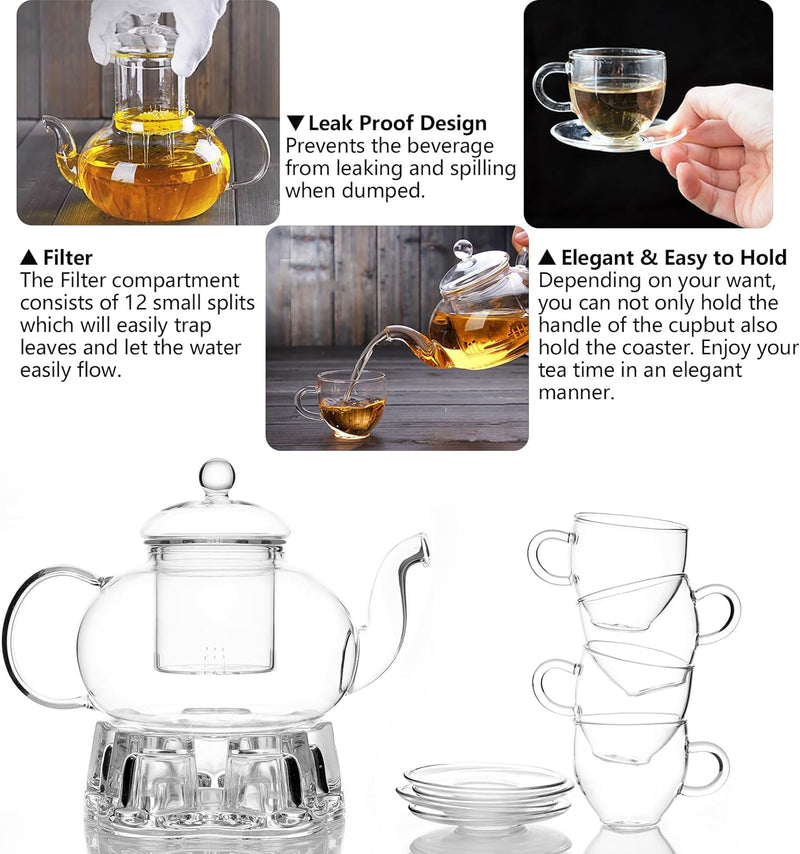 Adorable Full Glass Kettle Teapot Set with Removable Infuser Strainer and 4 Cups and Saucers and Heart Shaped Candle Holder Warmer Heating Base for Tea Blooming Loose Leaf Home Women Gift