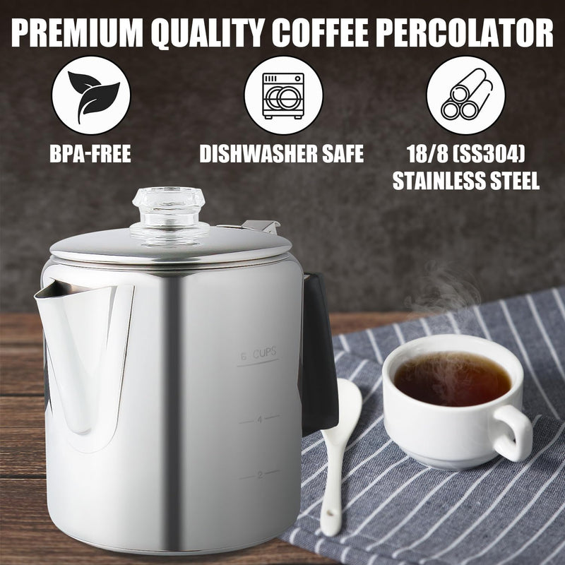 APOXCON Multi Use Percolator Coffee Pot with Glass Knob and Silica Gel Handle, Stainless Steel Coffee Maker for Indoor Induction Cooktop, Electric Stove, Outdoor Campfire Stovetop 6 Cup