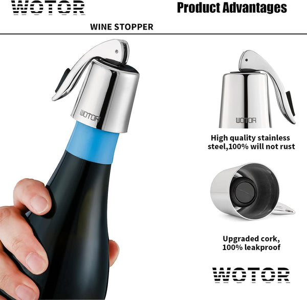 WOTOR Wine Stoppers Stainless Steel Wine Bottle stopper Plug with Silicone, Reusable Wine Saver, Wine Corks, Decorative Wine Bottle Sealer Leak proof Keep Fresh Silver 2 pack