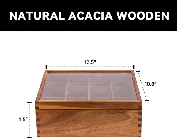 KITEISCAT Acacia Wood Tea Bag Organizer: 12-Compartment Multi-Functional Tea Box and Storage Organizer for Tea Bags