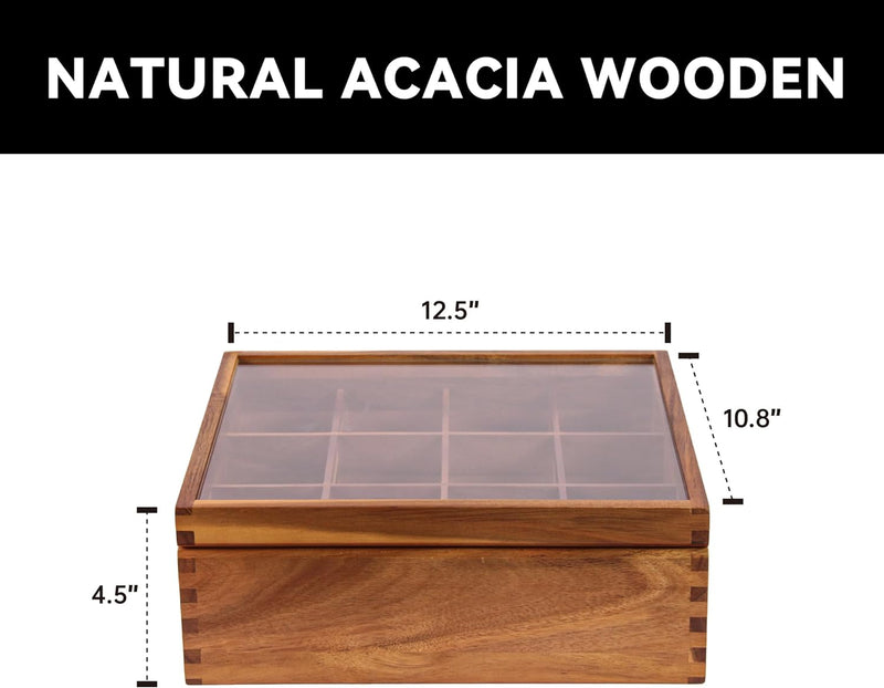 KITEISCAT Acacia Wood Tea Bag Organizer: 12-Compartment Multi-Functional Tea Box and Storage Organizer for Tea Bags