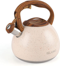 Tea Kettle, BELANKO 102 OZ / 3 Liter Whistling Tea Kettle, Tea Pots for Stove Top Food Grade Stainless Steel with Wood Pattern Handle, Loud Whistle Kettle for Tea, Coffee, Water, Milk - Black Green