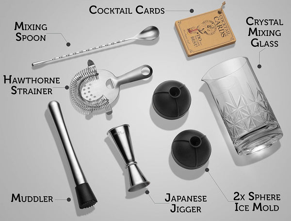 Mixology & Craft Cocktail Set - 7-Piece Bartender Kit with Mixing Glass Set, Japanese Jigger, Spoon, Muddler, and Strainer - Perfect for Old Fashioned Cocktails and Home Bars