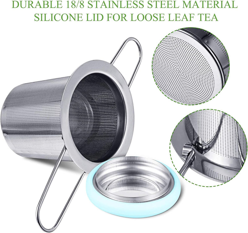 2 Pieces Tea Infusers with Tea Scoop Stainless Steel Tea Strainer Folding Handle Tea Filter Fine Mesh Strainer Brewing Basket with Silicone Lid for Loose Leaf Tea
