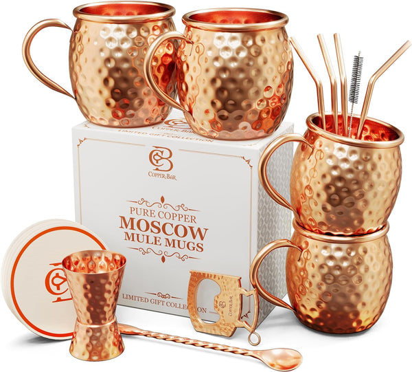 Moscow Mule Copper Mugs | Set of 4 Hammered Cups | 100% HANDCRAFTED Pure Solid Copper | Gift Set With Cocktail Straws | Shot Glass | Coasters | Copper Stirrer & Beer opener By Copper-Bar